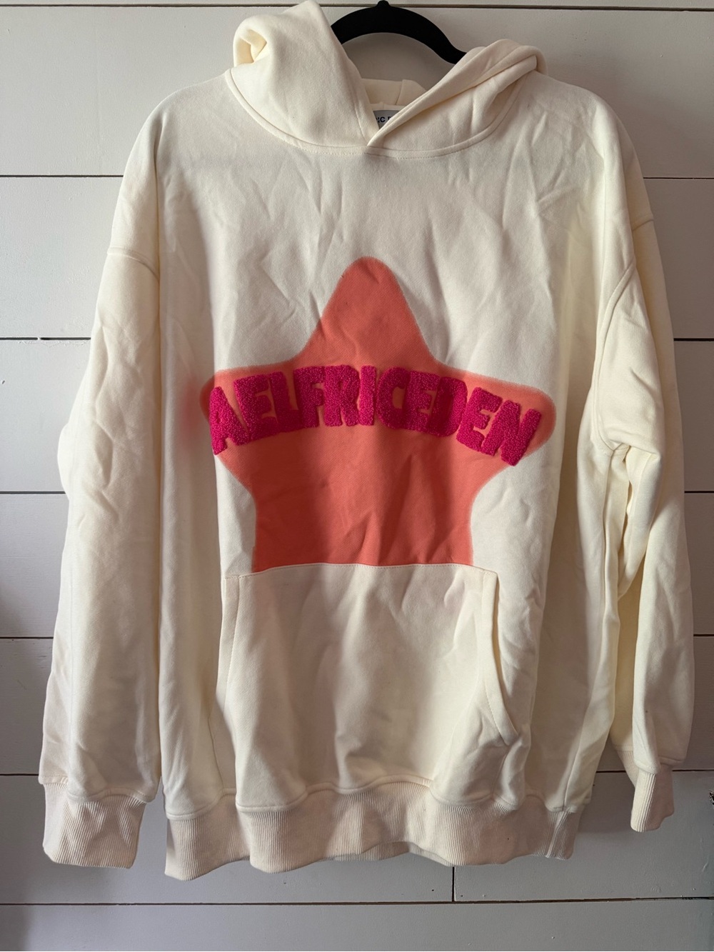Aelfric Eden Cream Hoodie with Pink Star Appliqués and Peach Chest Panel - Picture 2 of 6